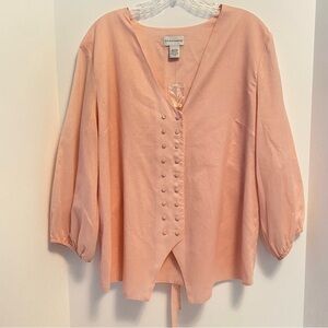 Soft Surroundings V-Neck Button-Up Long Sleeve Tie-Back Blouse Pink Size L New